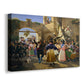 Canvas art print featuring a social gathering with figures seated around tables indoors, displayed at an angle