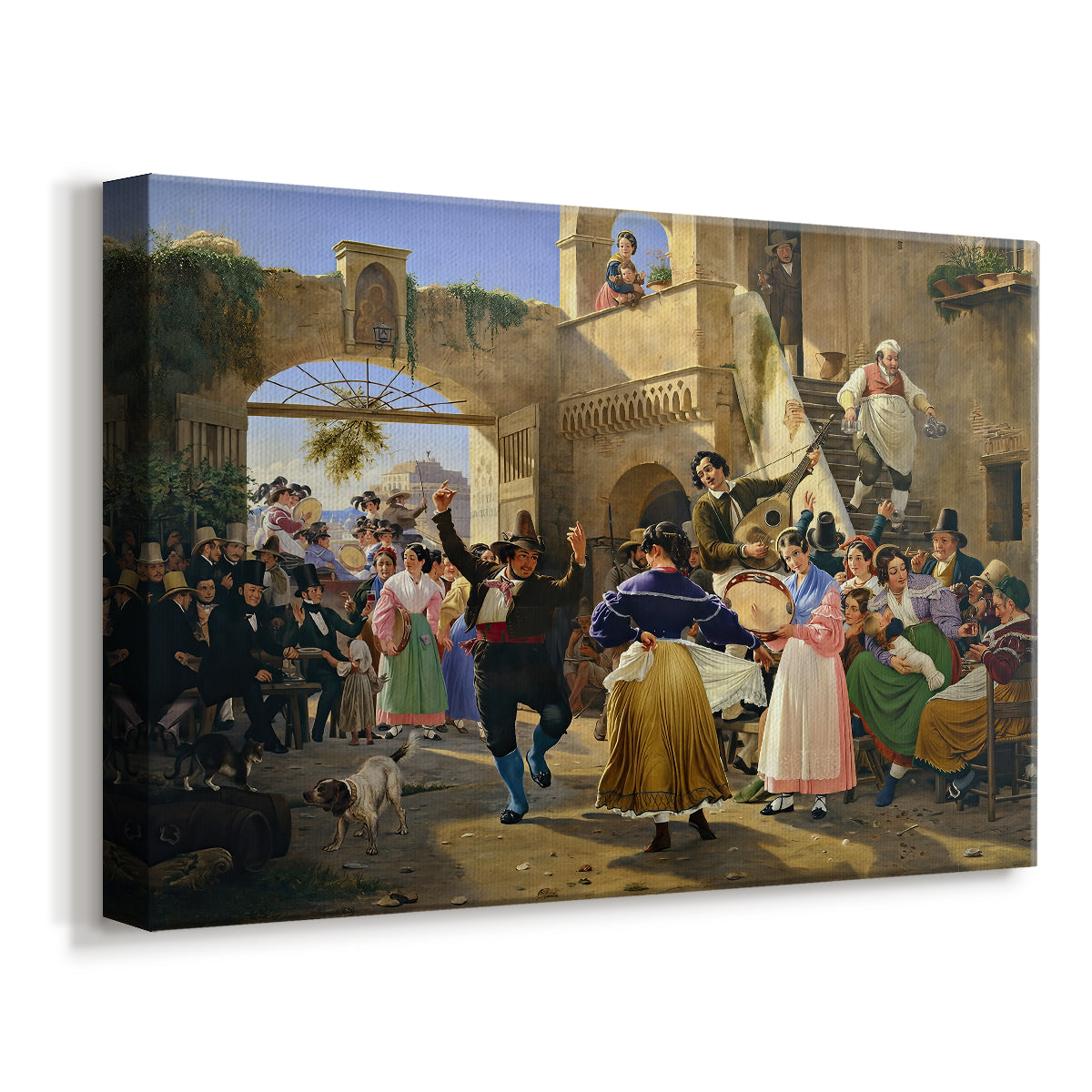 Canvas art print featuring a social gathering with figures seated around tables indoors, displayed at an angle