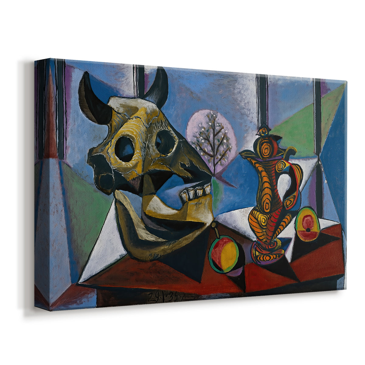 Canvas art print featuring a geometric still life featuring skull, displayed at an angle