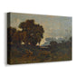 Canvas art print featuring a pastoral scene with river illuminated by evening light, displayed at an angle