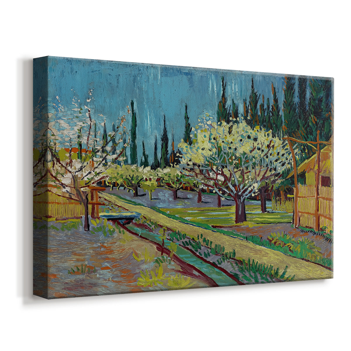 Canvas art print featuring a spring landscape with blossoms arranged in linear rows, displayed at an angle
