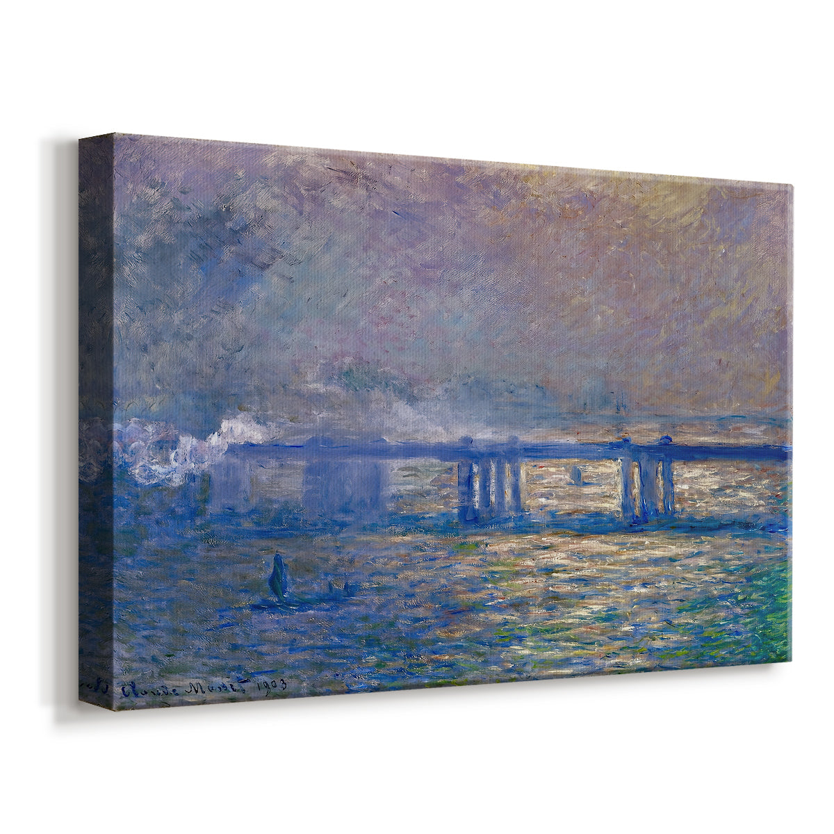 Canvas art print featuring an urban landscape with bridge and water rendered in blurred tones, displayed at an angle