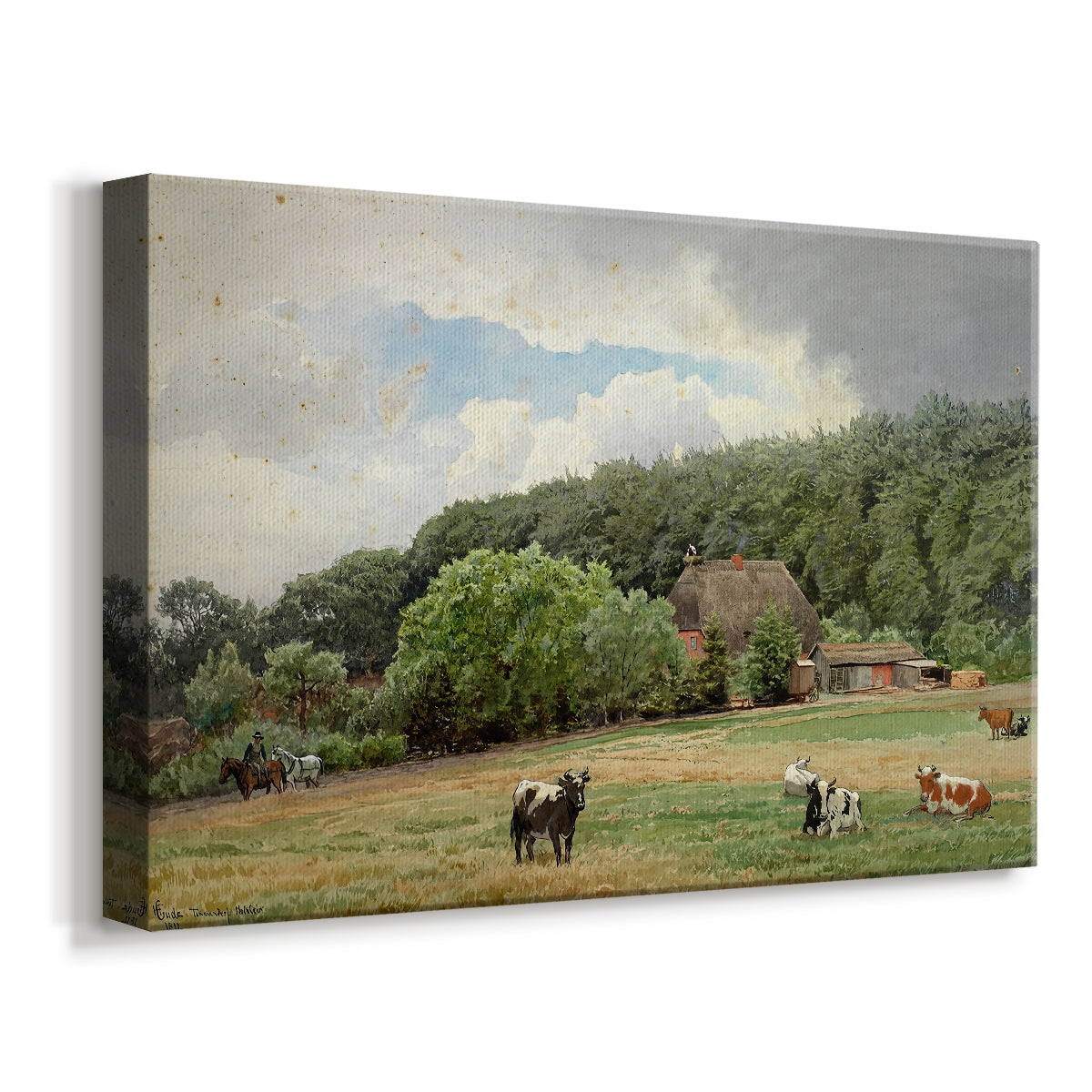 Canvas art print featuring a pastoral farm scene with livestock in open field, displayed at an angle