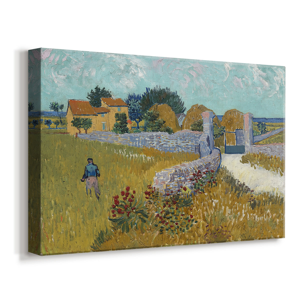 Canvas art print featuring a rural scene with building set within cultivated land, displayed at an angle