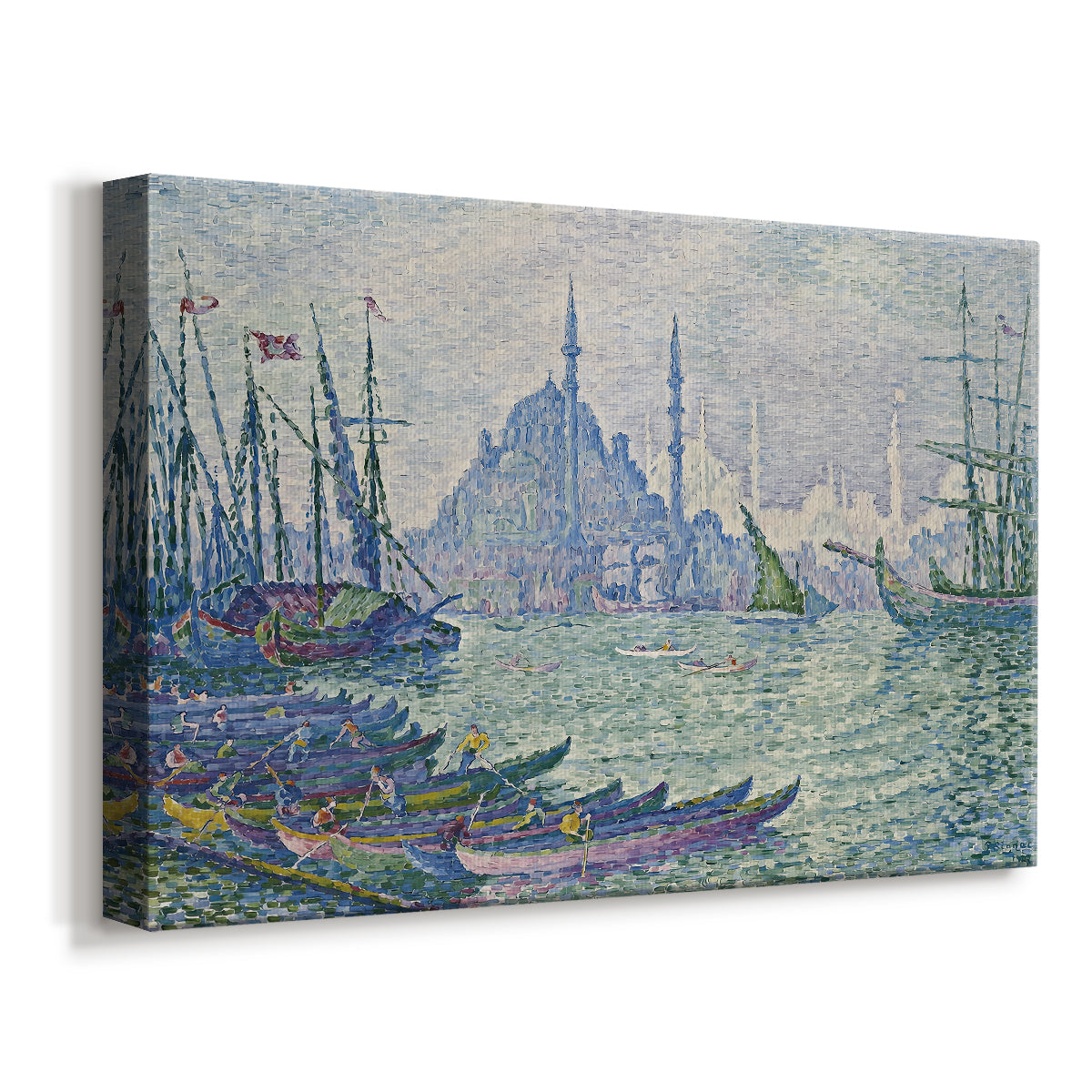 Canvas art print featuring an architectural coastal scene in harbor, displayed at an angle