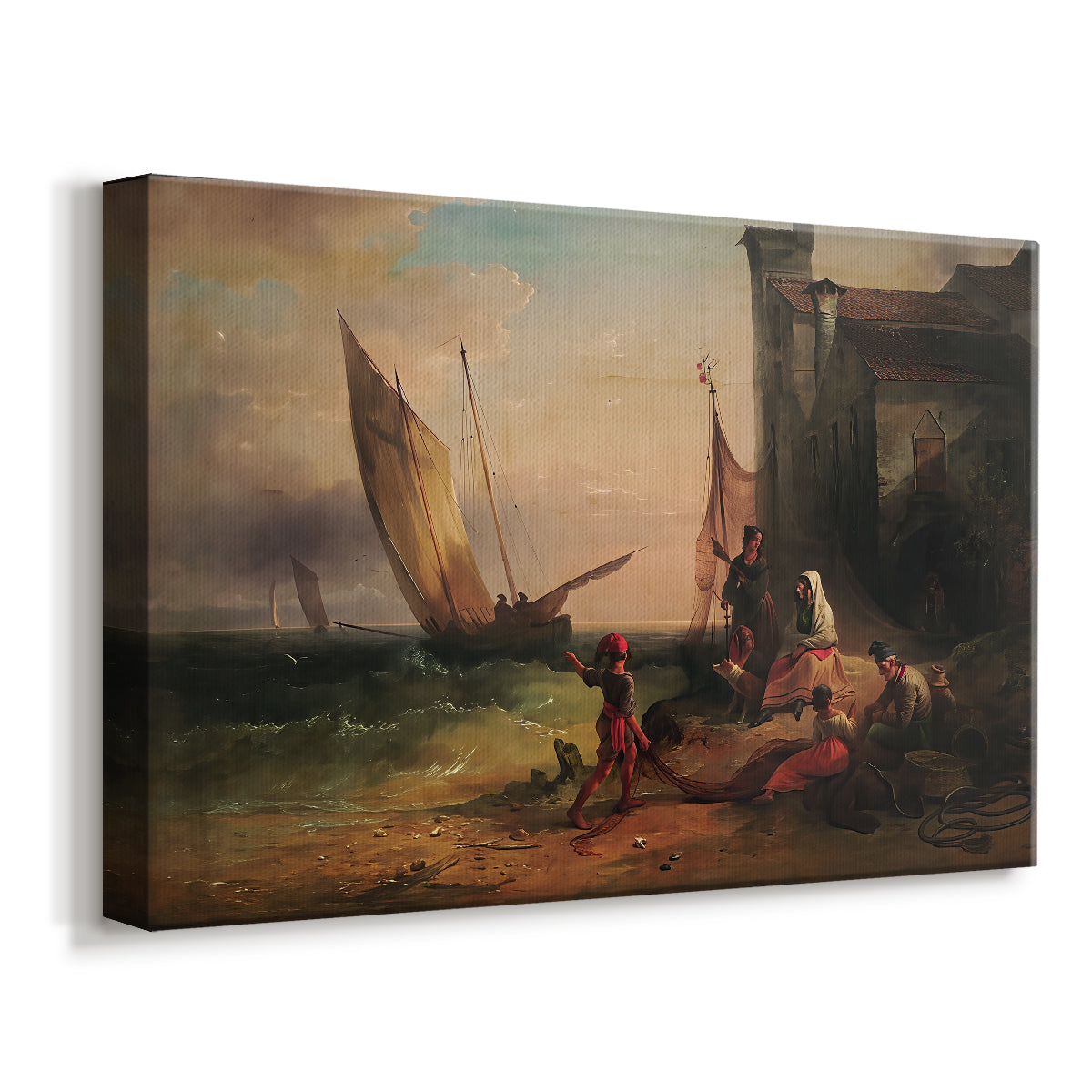 Canvas art print featuring a coastal family scene with maritime activity, displayed at an angle
