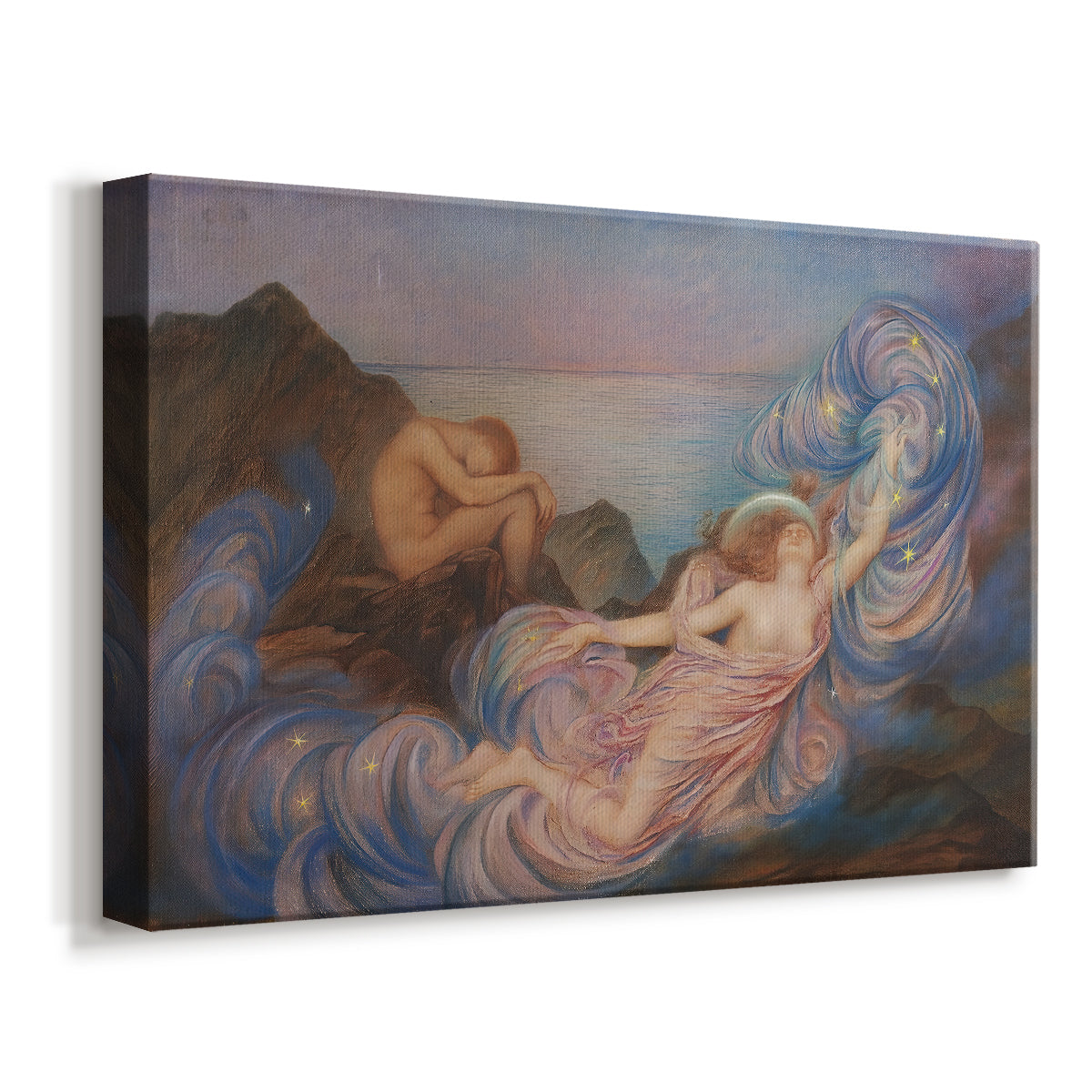 Canvas art print featuring an allegorical figure resting in atmospheric dusk setting, displayed at an angle