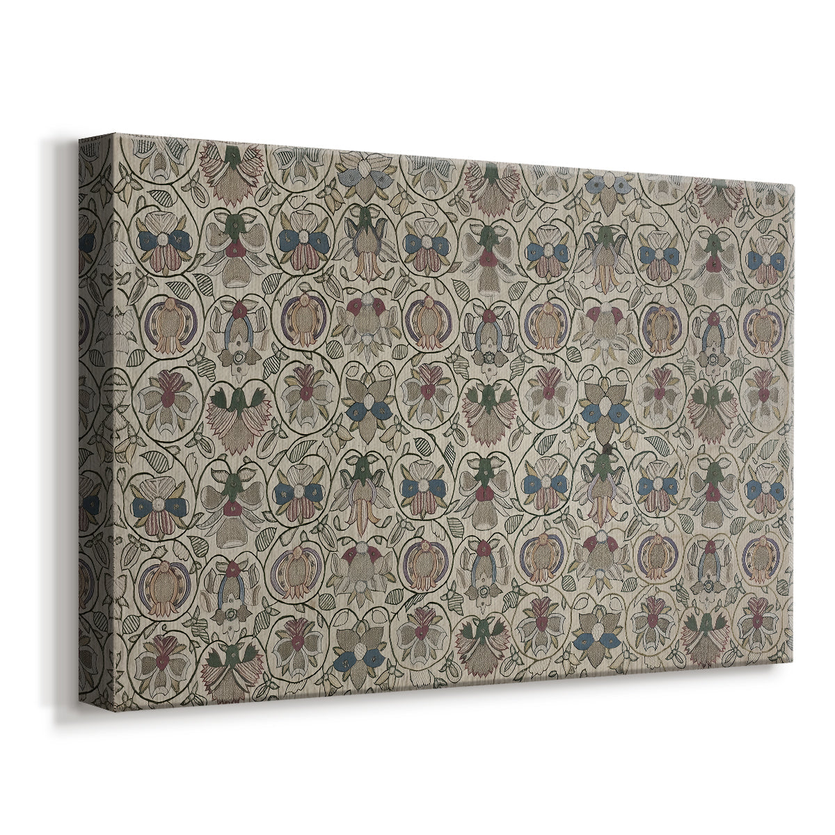 Canvas art print featuring a decorative fabric design with evenly spaced botanical motifs, displayed at an angle