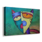 Canvas art print featuring a cubist-inspired feline portrait, displayed at an angle