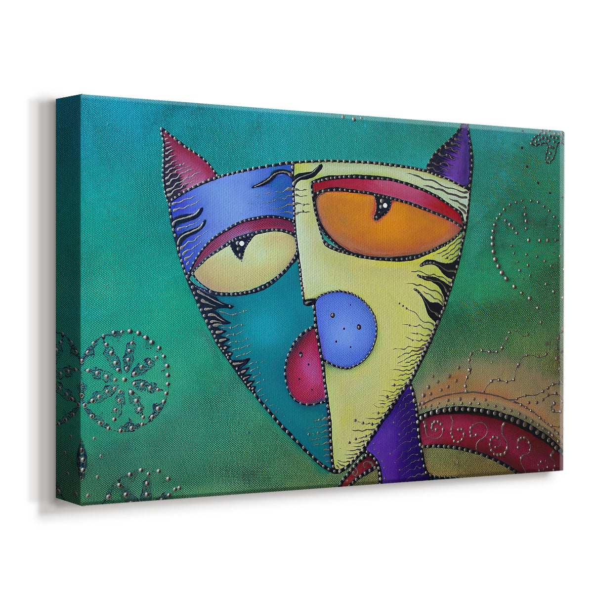 Canvas art print featuring a cubist-inspired feline portrait, displayed at an angle