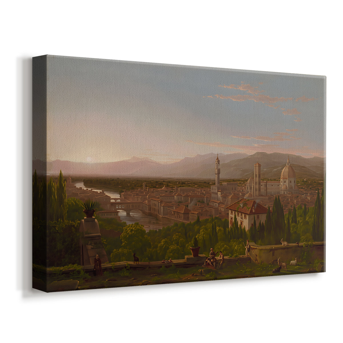 Canvas art print featuring a scenic landscape with architecture and distant horizon, displayed at an angle