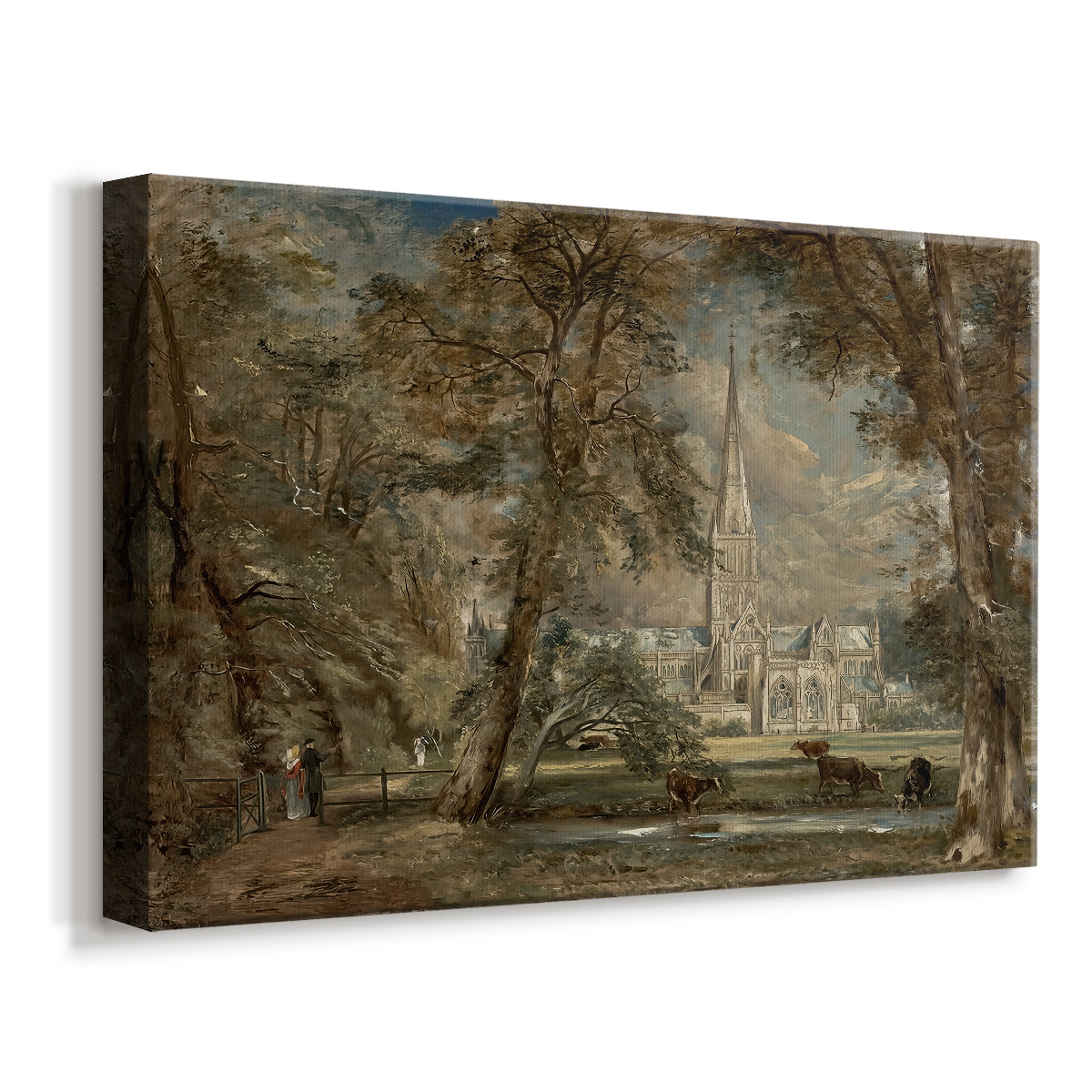 Canvas art print featuring an architectural landmark in countryside, displayed at an angle