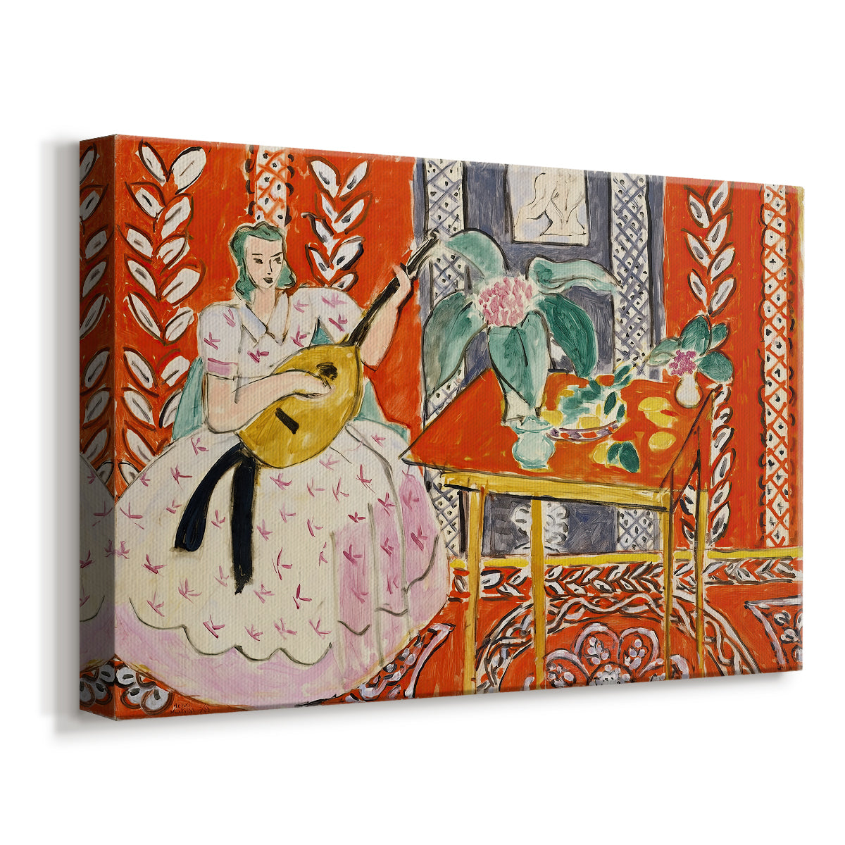 Canvas art print featuring a Fauvist composition combining musician and patterned surroundings, displayed at an angle