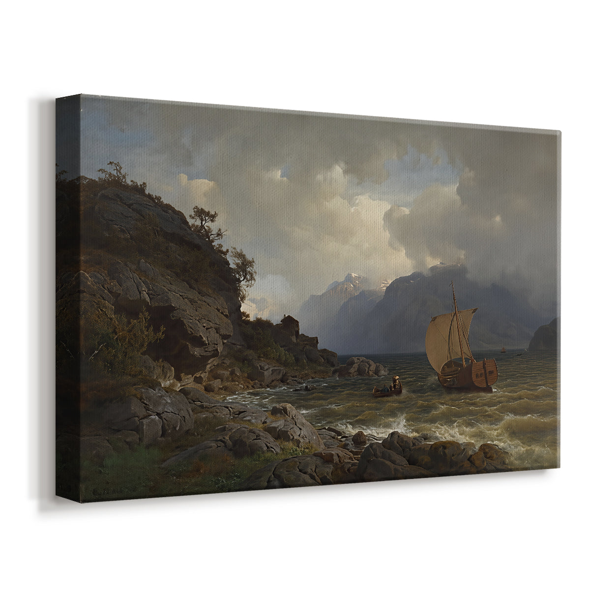 Canvas art print featuring a dramatic coastal landscape with rocky shore and sea, displayed at an angle