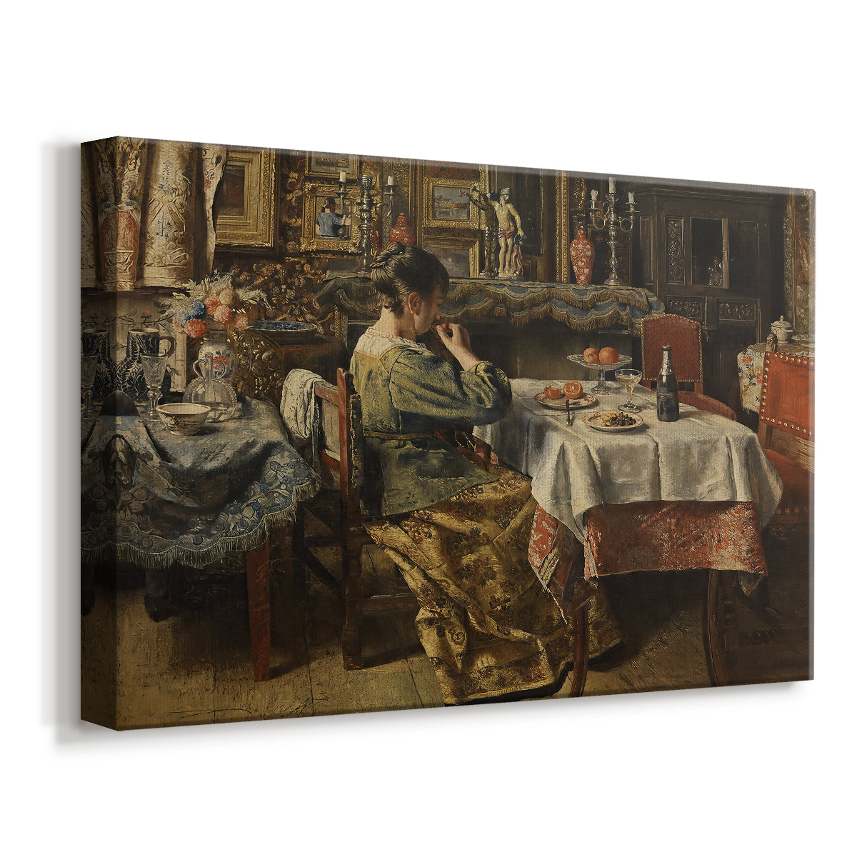 Canvas art print featuring a domestic dining scene with figures gathered indoors, displayed at an angle