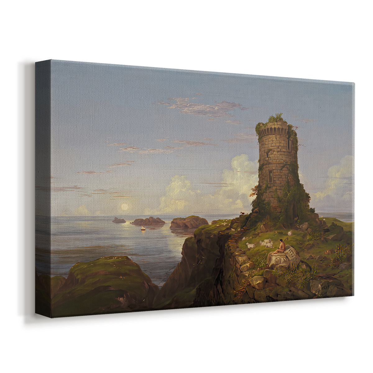 Canvas art print featuring a romantic seascape with cliffside structure, displayed at an angle