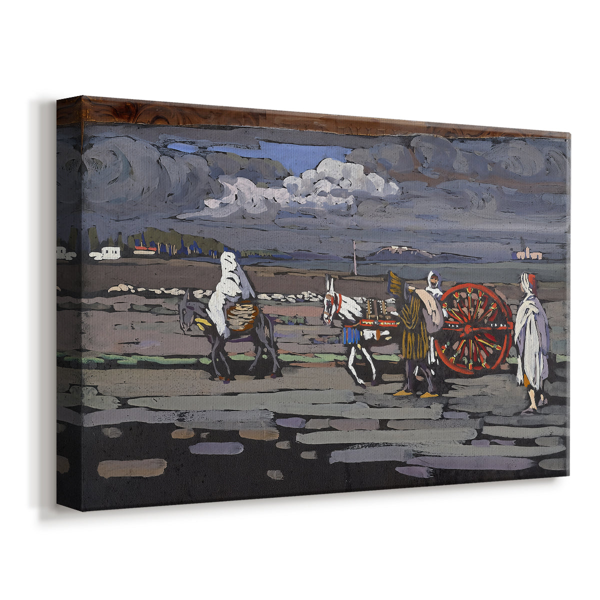 Canvas art print featuring a semi-abstract countryside view with human presence, displayed at an angle