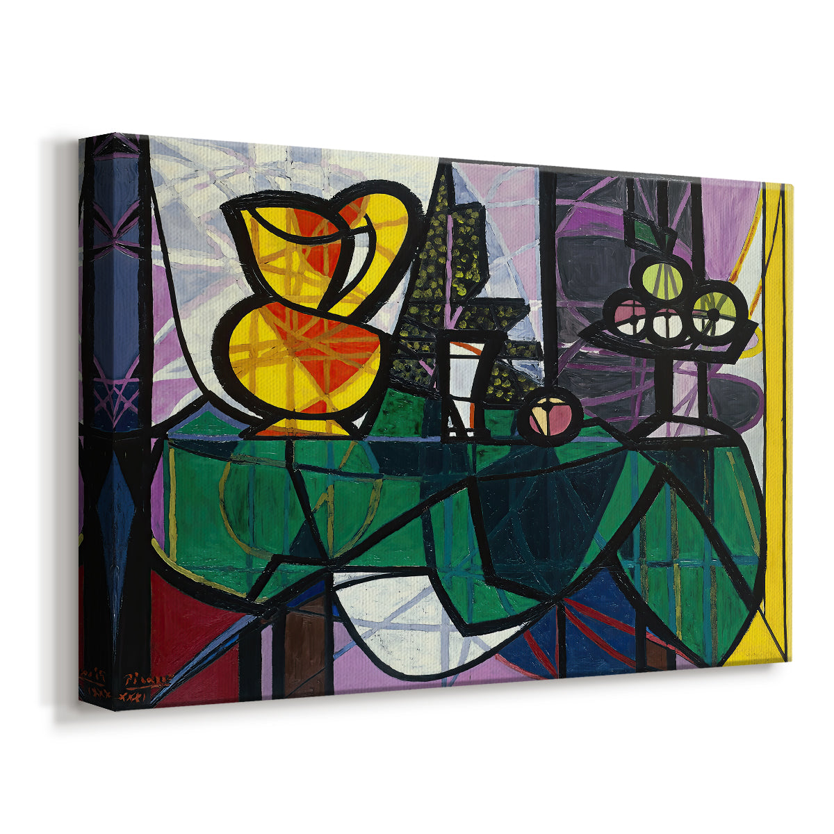 Canvas art print featuring a geometric still life with fragmented forms, displayed at an angle
