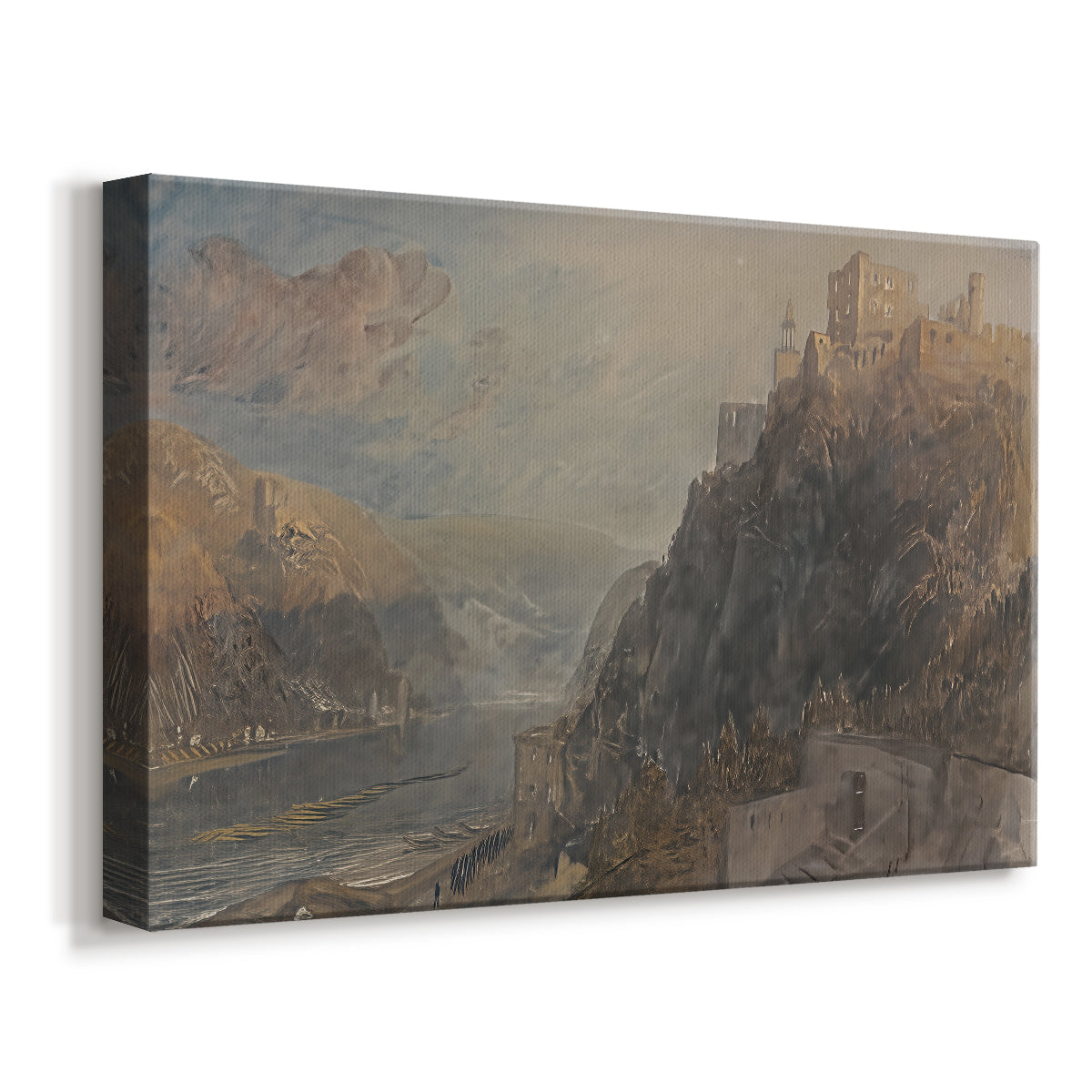 Canvas art print featuring a scenic view of structures overlooking river, displayed at an angle