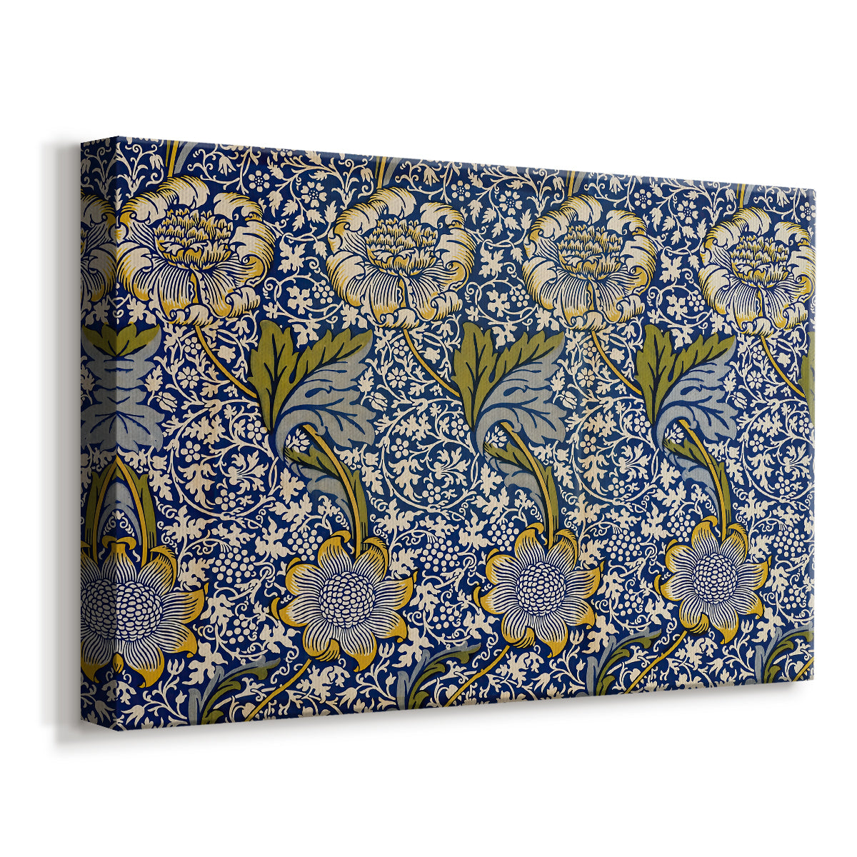Canvas art print featuring a textile design featuring animals among foliage in repeating arrangement, displayed at an angle