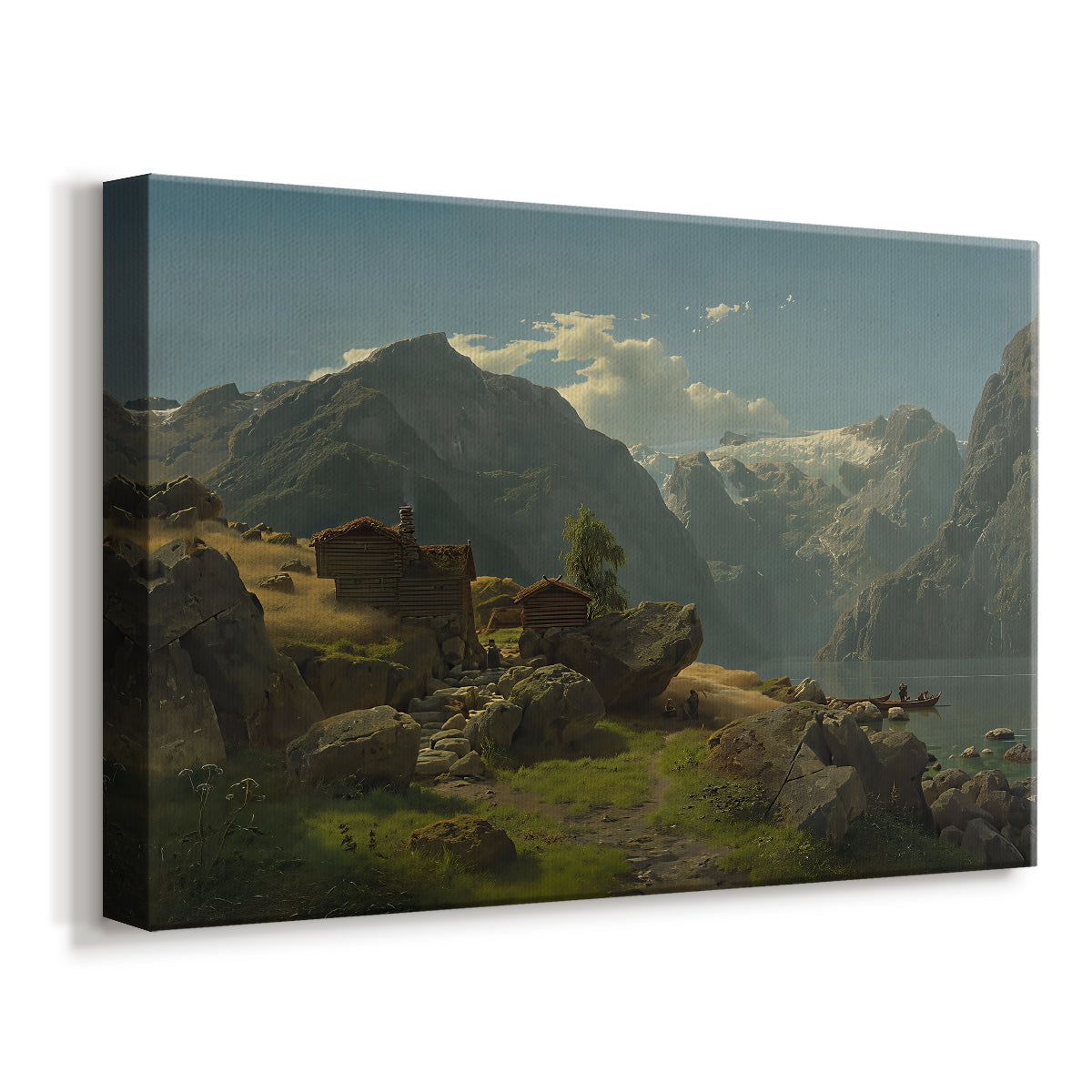 Canvas art print featuring a scenic Norwegian fjord with village and surrounding peaks, displayed at an angle