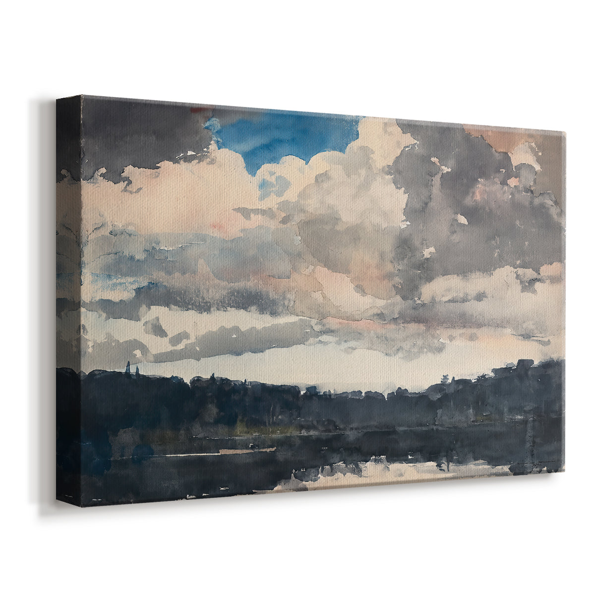Canvas art print featuring a quiet inland water scene with isolated vessel, displayed at an angle