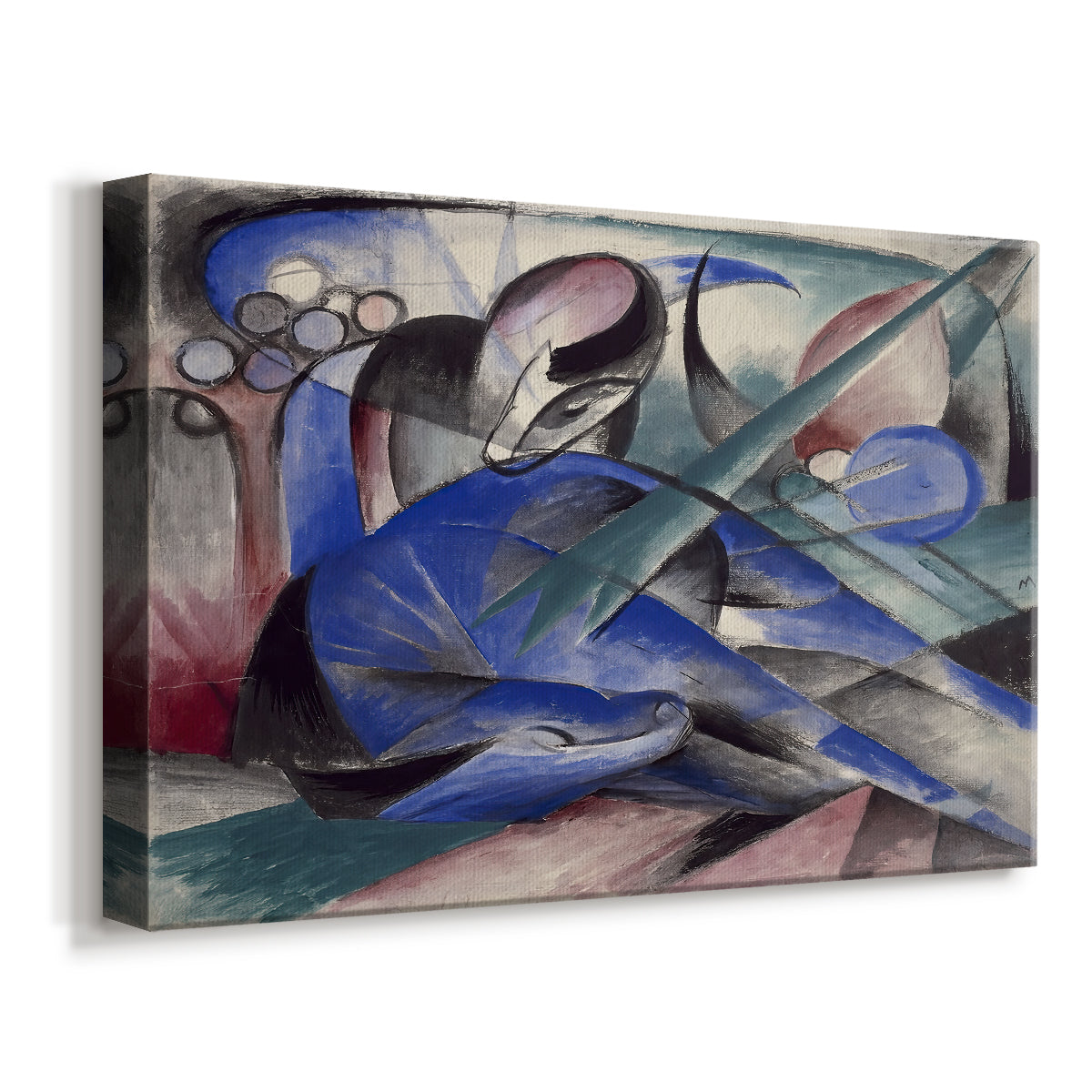 Canvas art print featuring an expressionist animal resting within stylized environment, displayed at an angle