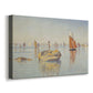 Canvas art print featuring a pointillist coastal scene with vessels, displayed at an angle
