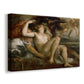 Canvas art print featuring a sensual Renaissance scene of Venus and Mars with child figure, displayed at an angle