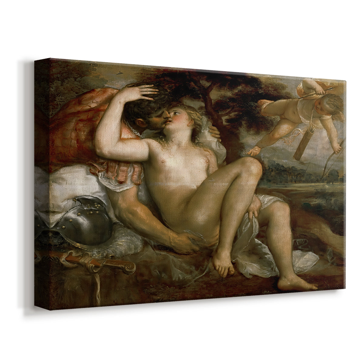 Canvas art print featuring a sensual Renaissance scene of Venus and Mars with child figure, displayed at an angle