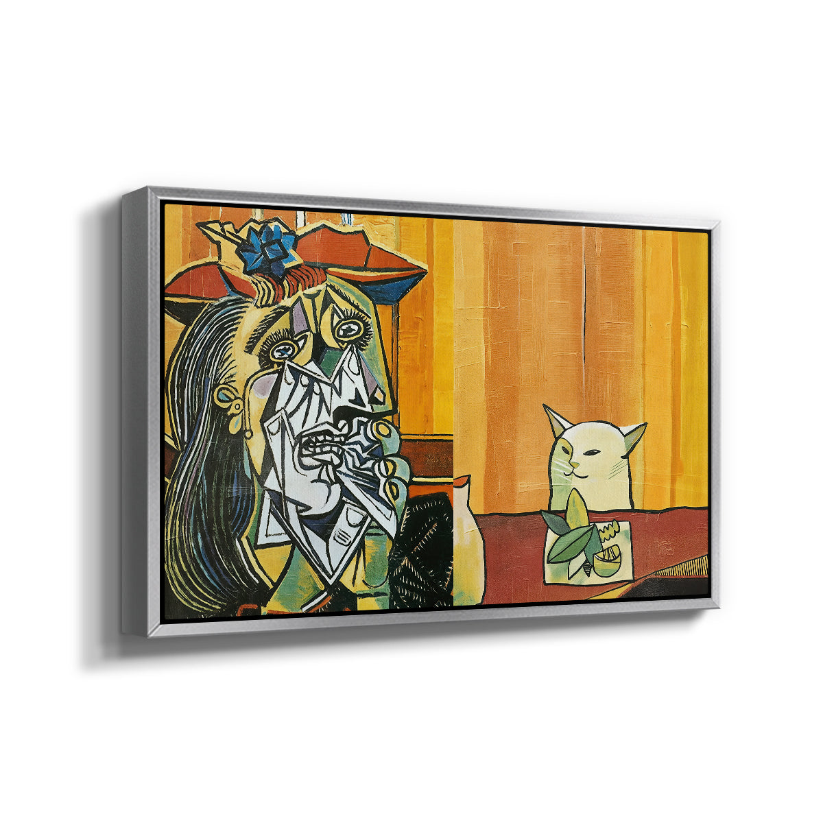 Woman Yelling at a Cat Meme (Picasso Parody) - Floater Framed Canvas Print