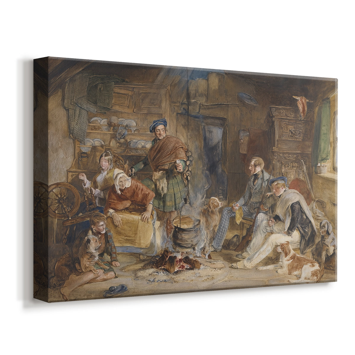 Canvas art print featuring a domestic scene with people interacting around a meal, displayed at an angle