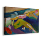 Canvas art print featuring a semi-abstract landscape with architectural focal point and vibrant palette, displayed at an angle