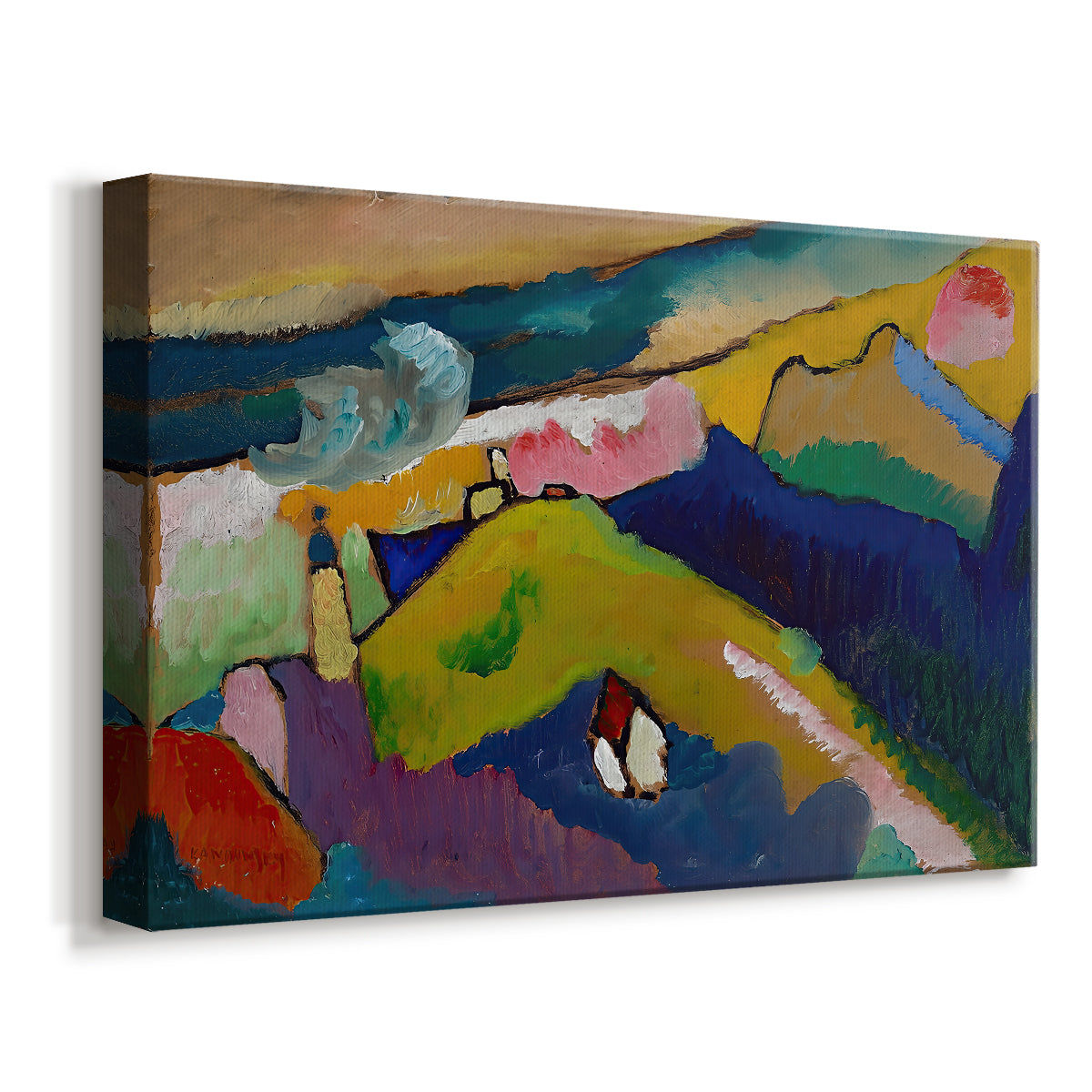 Canvas art print featuring a semi-abstract landscape with architectural focal point and vibrant palette, displayed at an angle