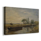 Canvas art print featuring a riverside scene with boat and calm water, displayed at an angle