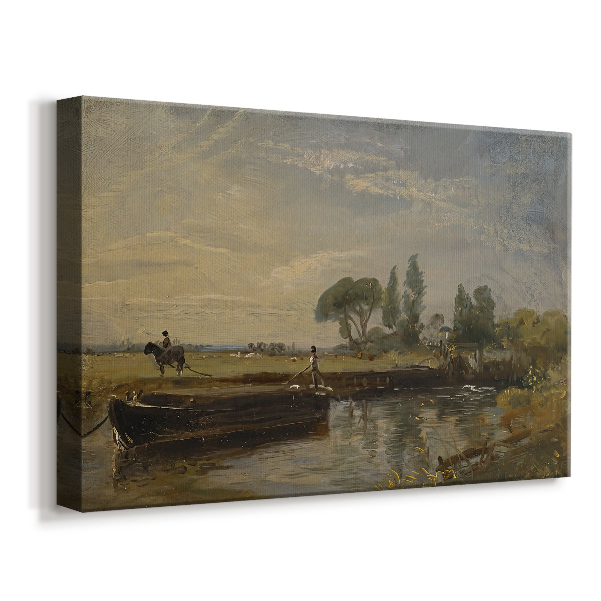 Canvas art print featuring a riverside scene with boat and calm water, displayed at an angle
