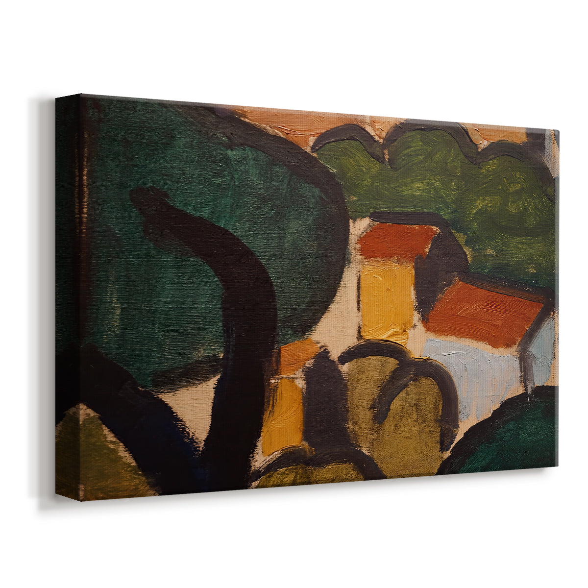 Canvas art print featuring a stylized village scene with bold shapes and color blocks, displayed at an angle