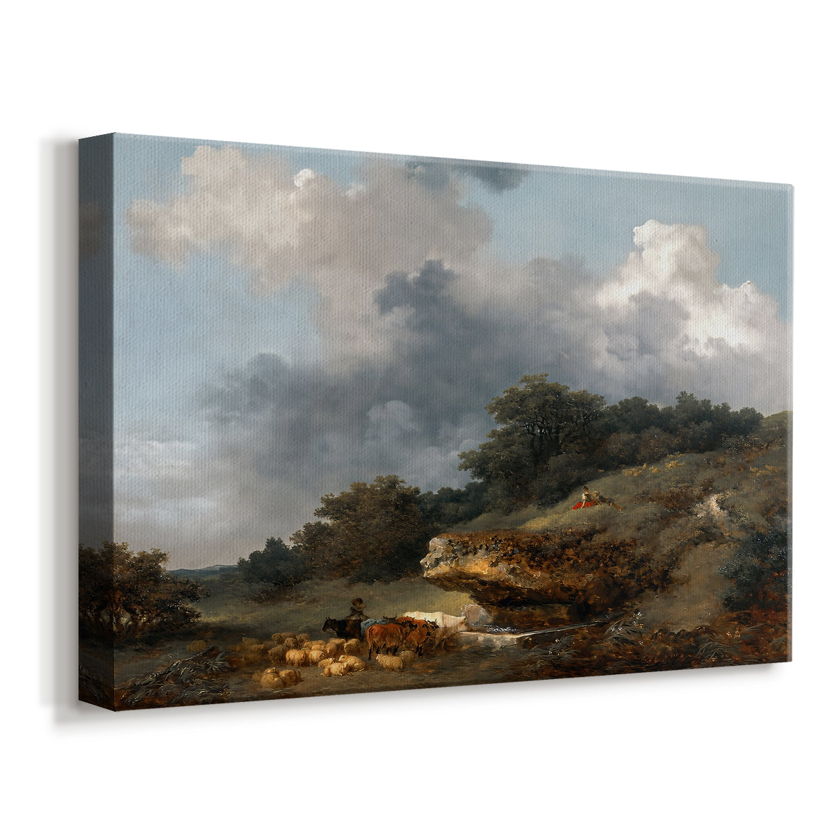 Canvas art print featuring a countryside scene with people and livestock at watering area, displayed at an angle