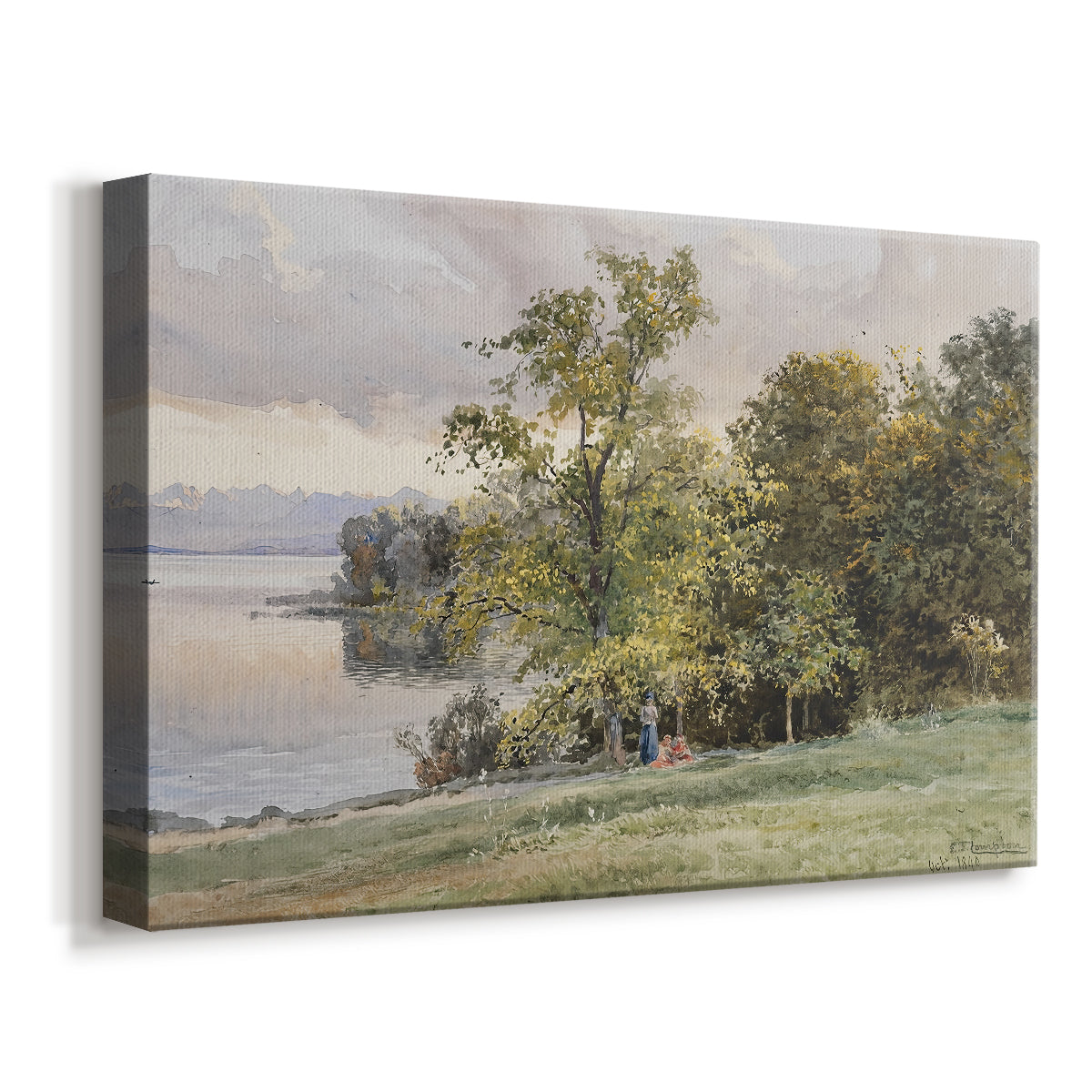 Canvas art print featuring a peaceful lake scene with reflections and surrounding greenery, displayed at an angle