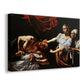 Canvas art print featuring a dramatic biblical scene of woman beheading man in bed, displayed at an angle