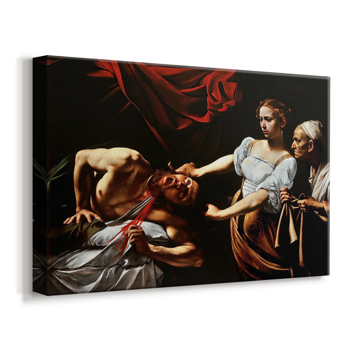 Canvas art print featuring a dramatic biblical scene of woman beheading man in bed, displayed at an angle