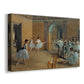Canvas art print featuring an interior scene of dancers waiting and stretching in large studio, displayed at an angle