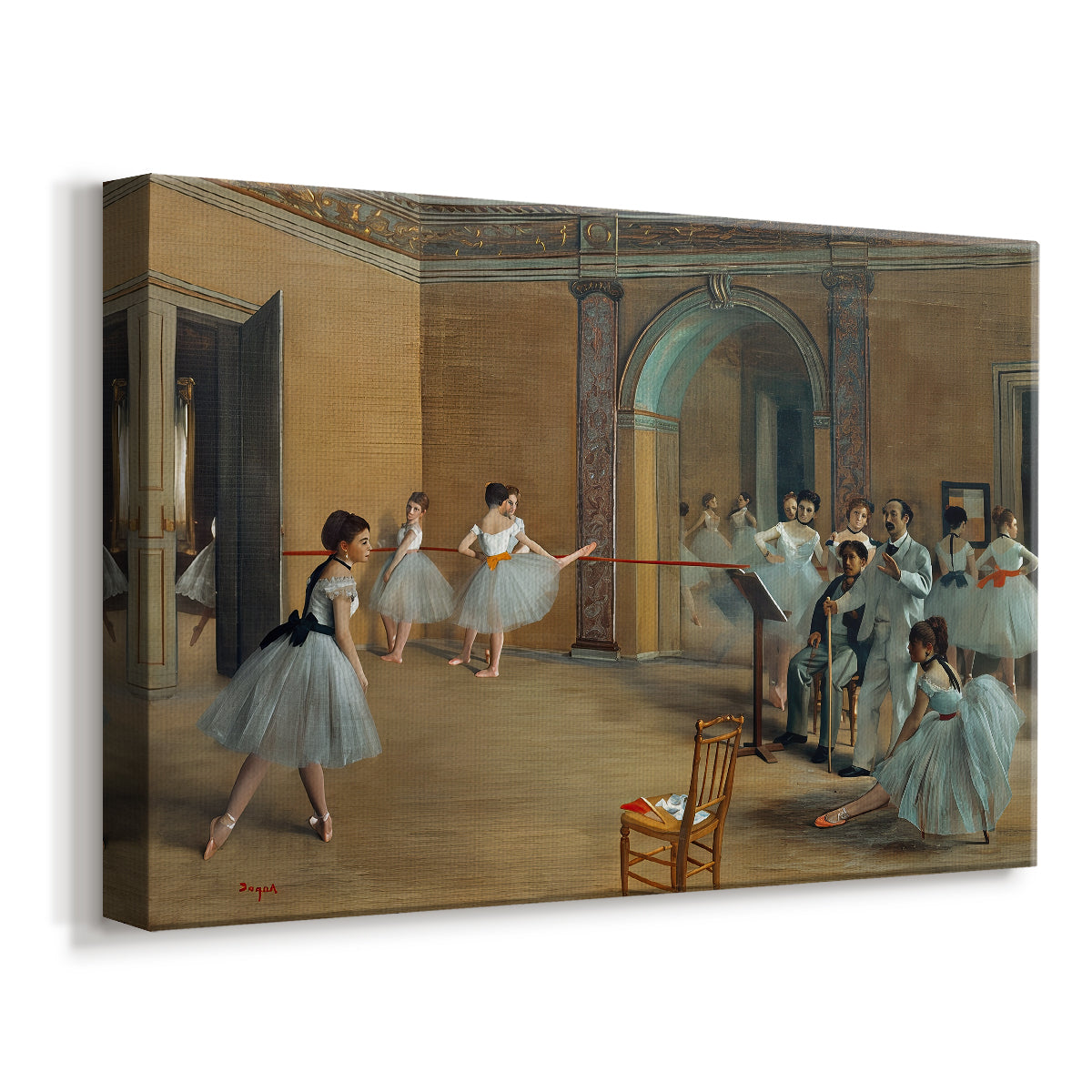 Canvas art print featuring an interior scene of dancers waiting and stretching in large studio, displayed at an angle