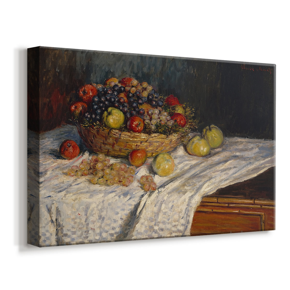 Canvas art print featuring an impressionist still life of fruit placed on cloth-covered surface, displayed at an angle
