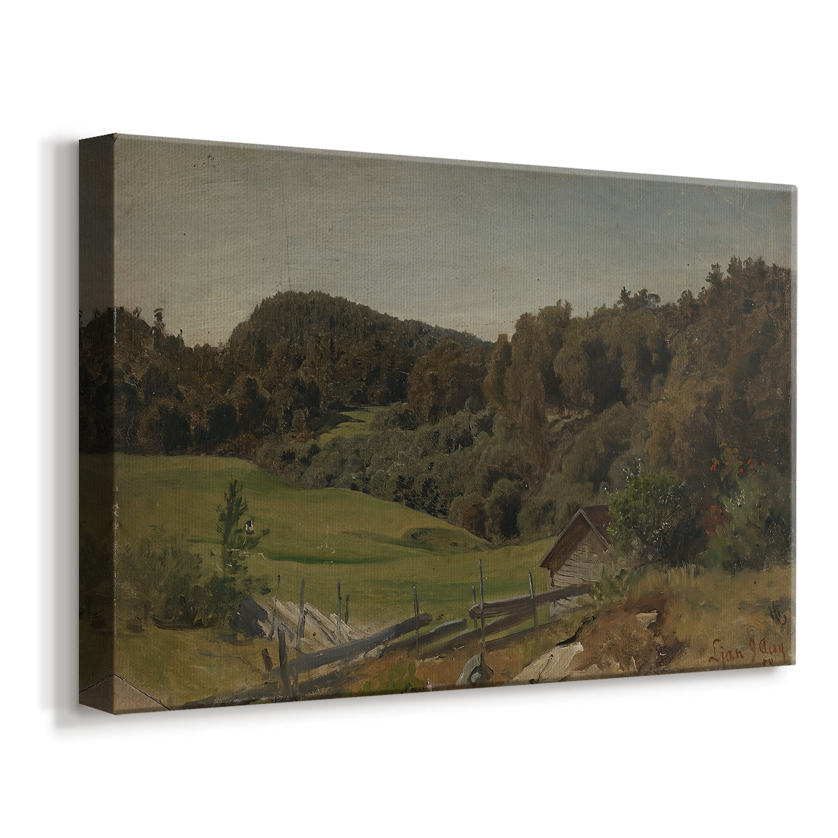 Canvas art print featuring a pastoral countryside with greenery and gentle terrain, displayed at an angle