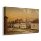 Canvas art print featuring an architectural scene with figures and horses in open courtyard, displayed at an angle