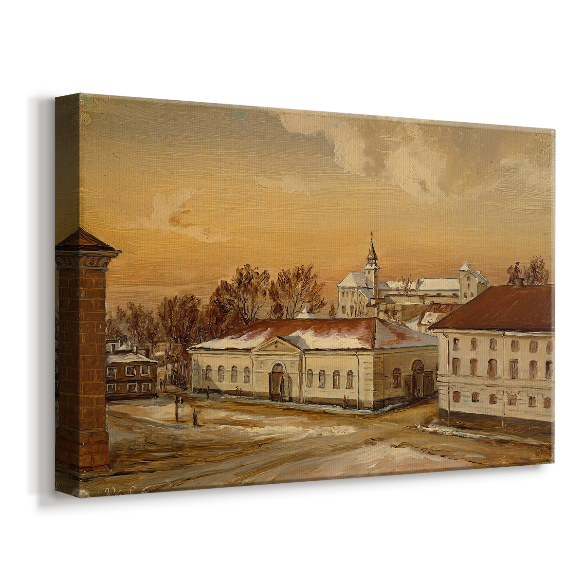 Canvas art print featuring an architectural scene with figures and horses in open courtyard, displayed at an angle