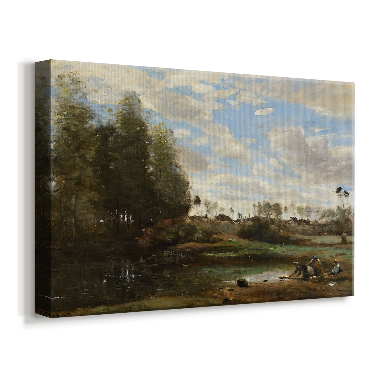 Canvas art print featuring a pastoral scene with people working near calm water, displayed at an angle