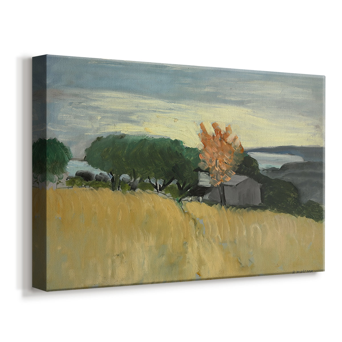 Canvas art print featuring a rural landscape with tall wheat and distant horizon, displayed at an angle