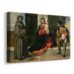 Canvas art print featuring a religious group composition with sacred figures arranged around central pair, displayed at an angle